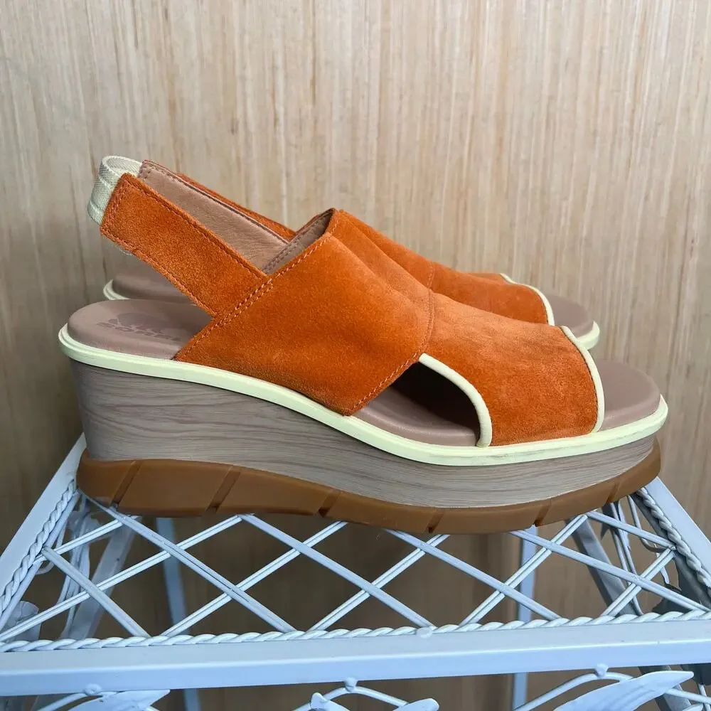 NWOT Sorel Joanie III Suede Platform Sandals Wedges Desert Sun Orange Size 9.5